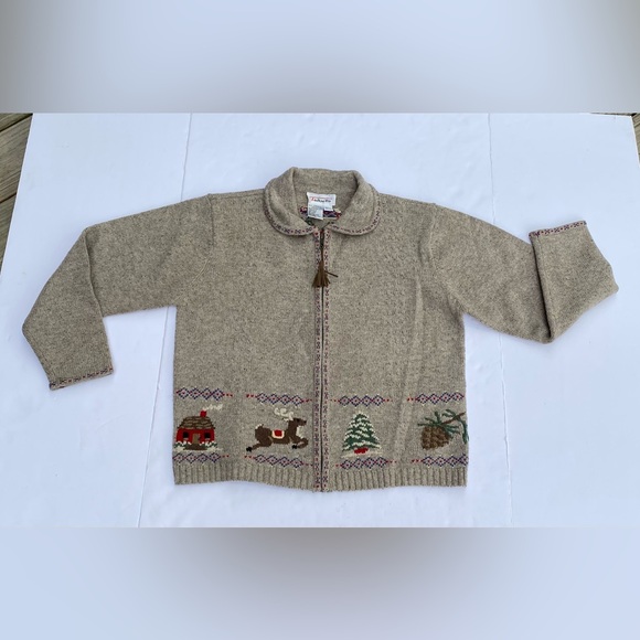 Talbots Vintage Lambswool Zip Front Christmas Sweater Cardigan - Picture 2 of 8